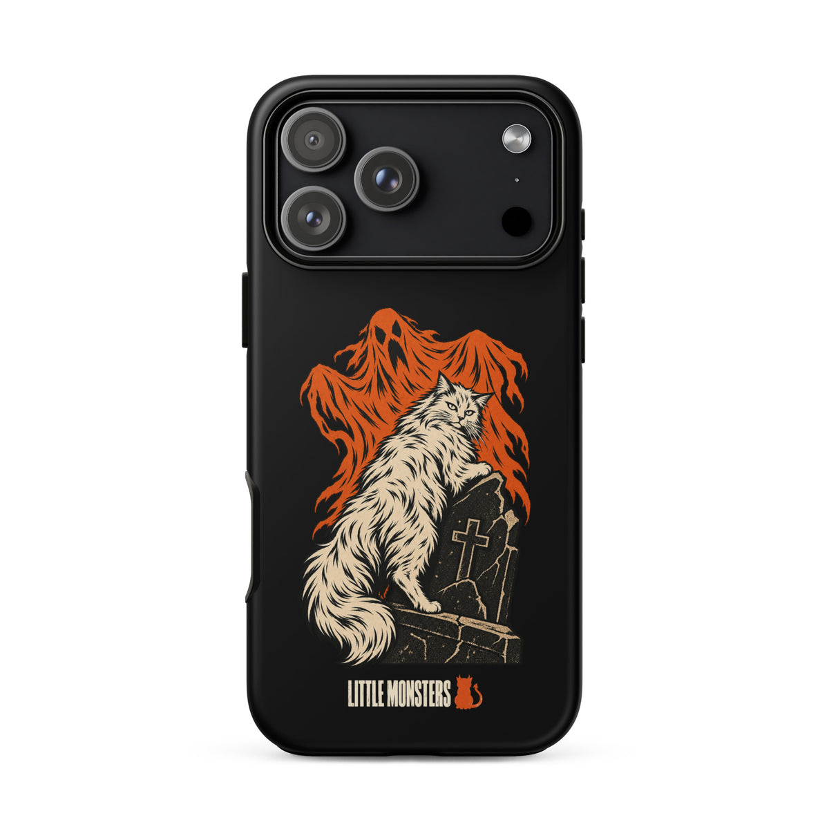 Halloween 2026 graveyard cat tough case on an iPhone 18 Pro Max, front view