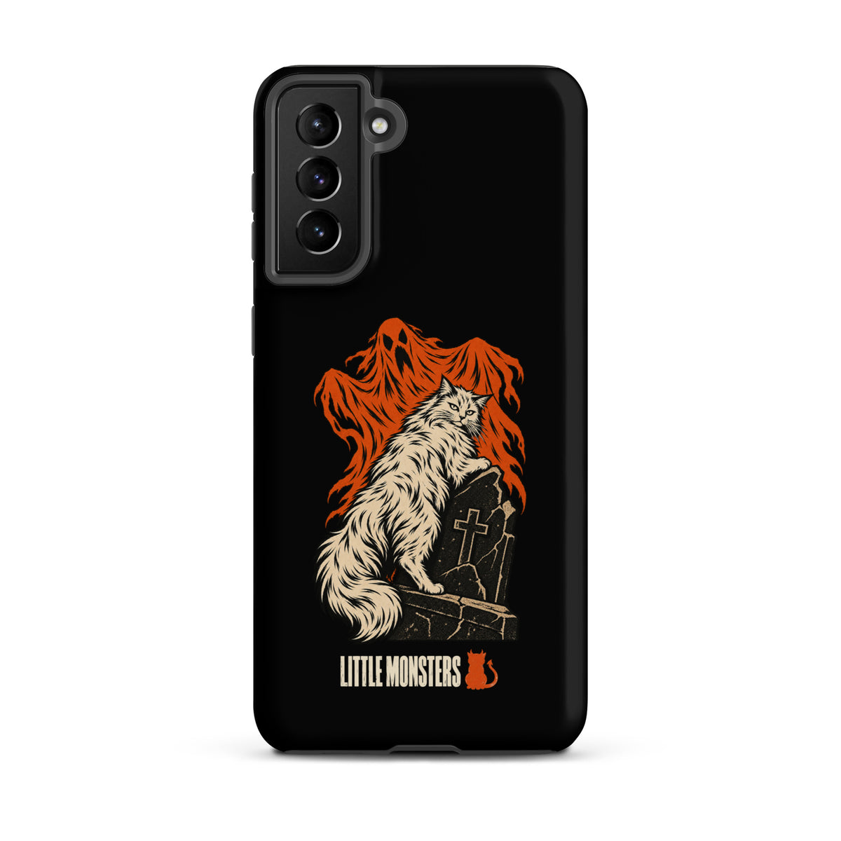 Halloween 2026 graveyard cat tough case on a Samsung Galaxy S21+, front view