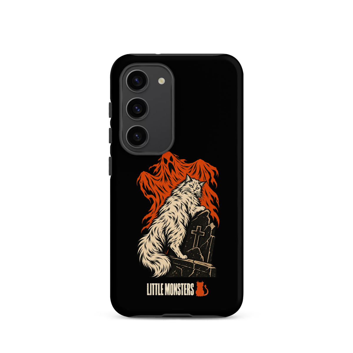 Halloween 2026 graveyard cat tough case on a Samsung Galaxy S23, front view