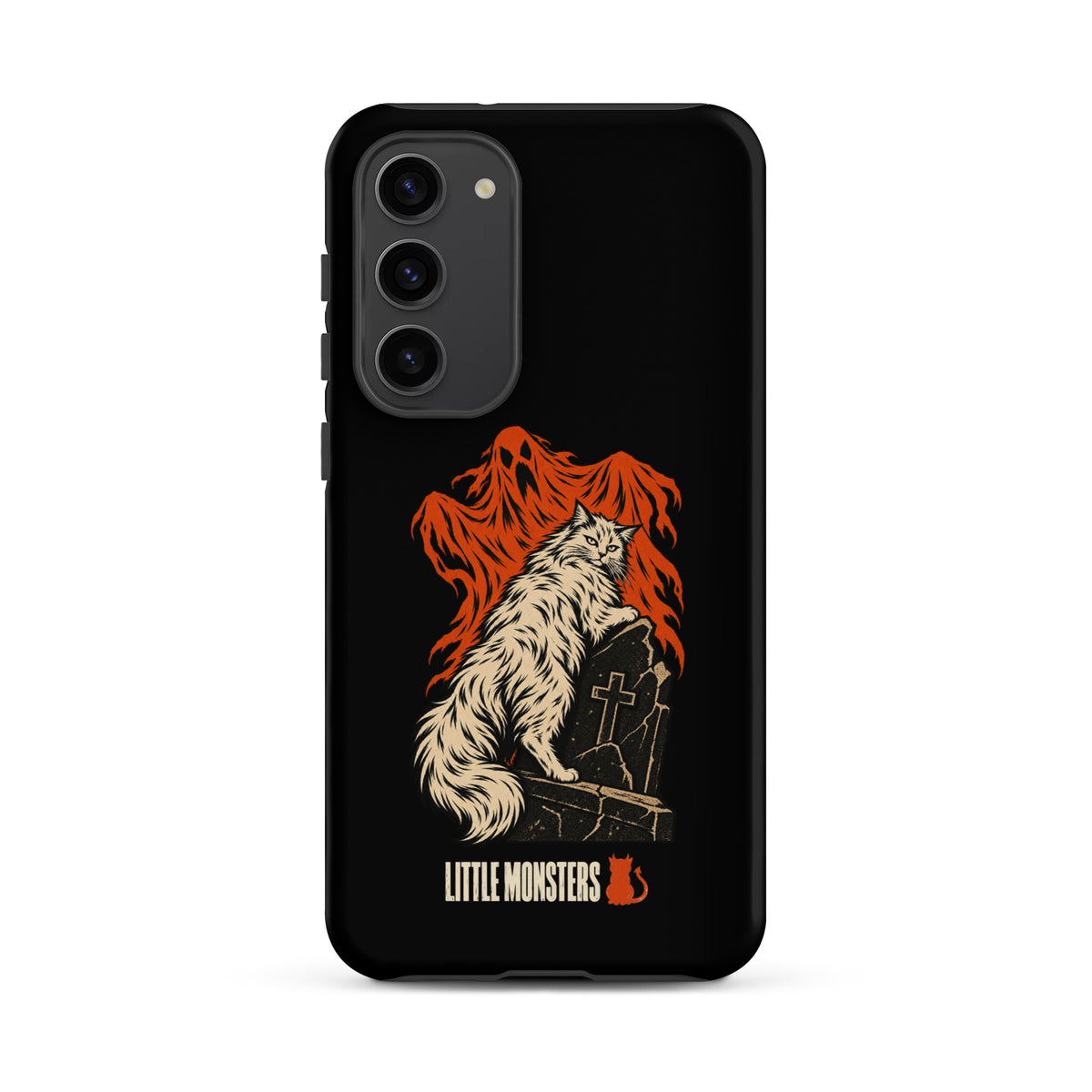 Halloween 2026 graveyard cat tough case on a Samsung Galaxy S23+, front view