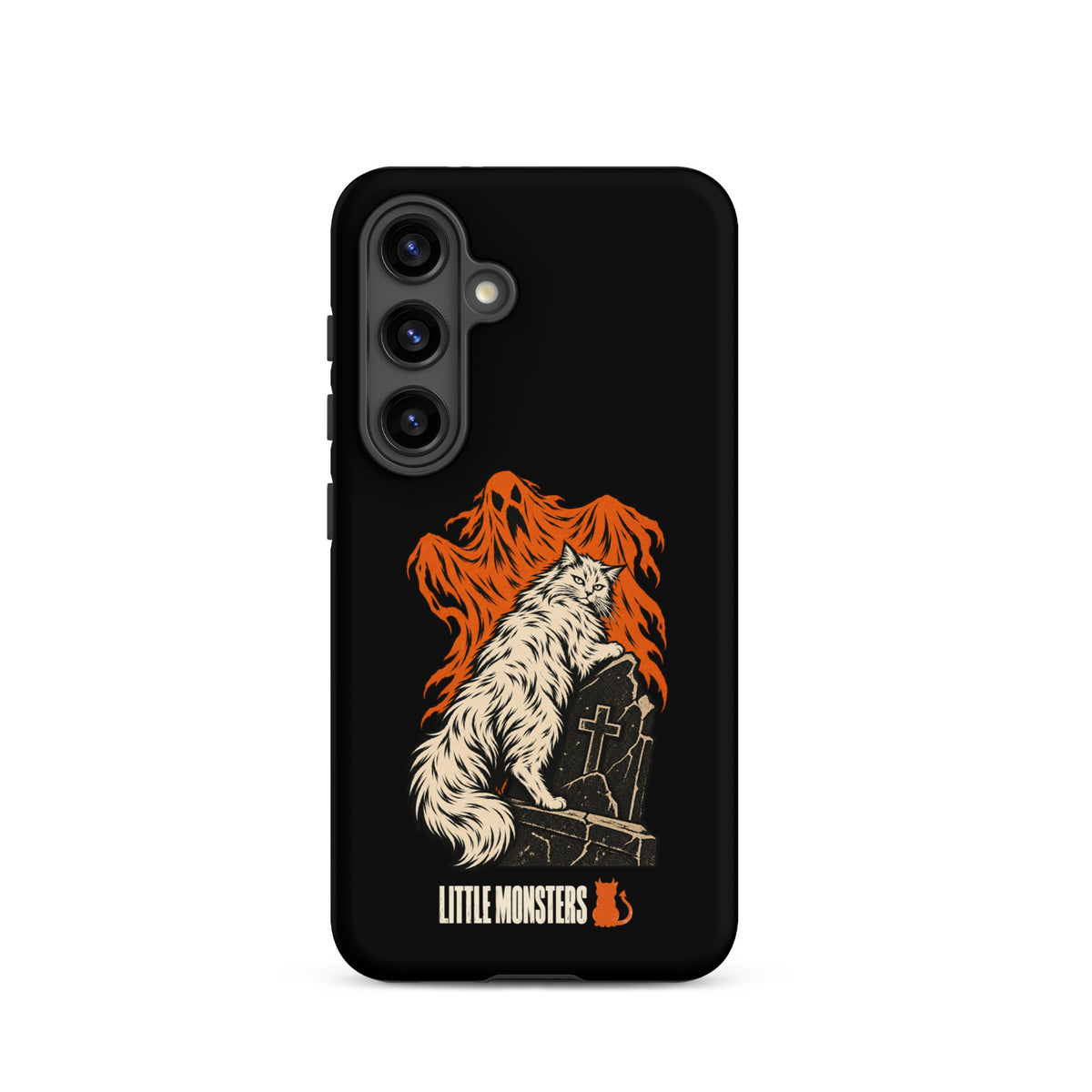 Halloween 2026 graveyard cat tough case on a Samsung Galaxy S24, front view