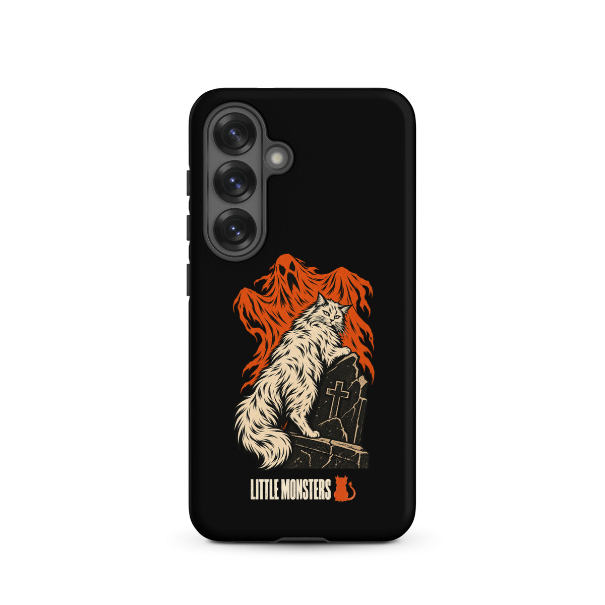 Halloween 2026 graveyard cat tough case on a Samsung Galaxy S25, front view