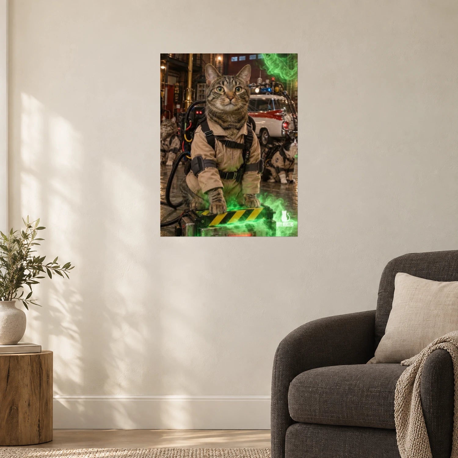 Ghostmousers cat portrait displayed as a vertical unframed art print in a styled room